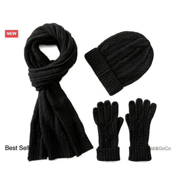Cable Knit Wool Winter Set Beanie Scarf Gloves Cozy Chic Cold Weather